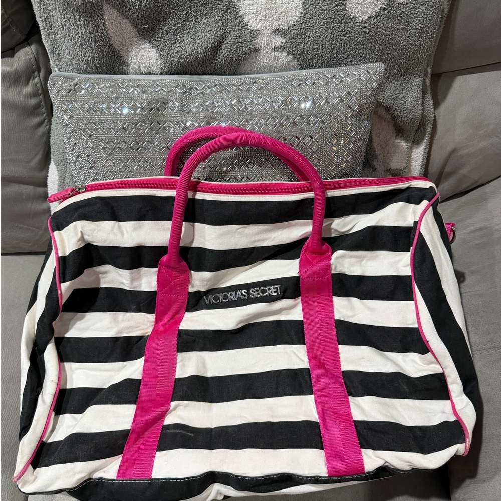 Victoria's Secret Black and White Striped Bag with Pink Accents